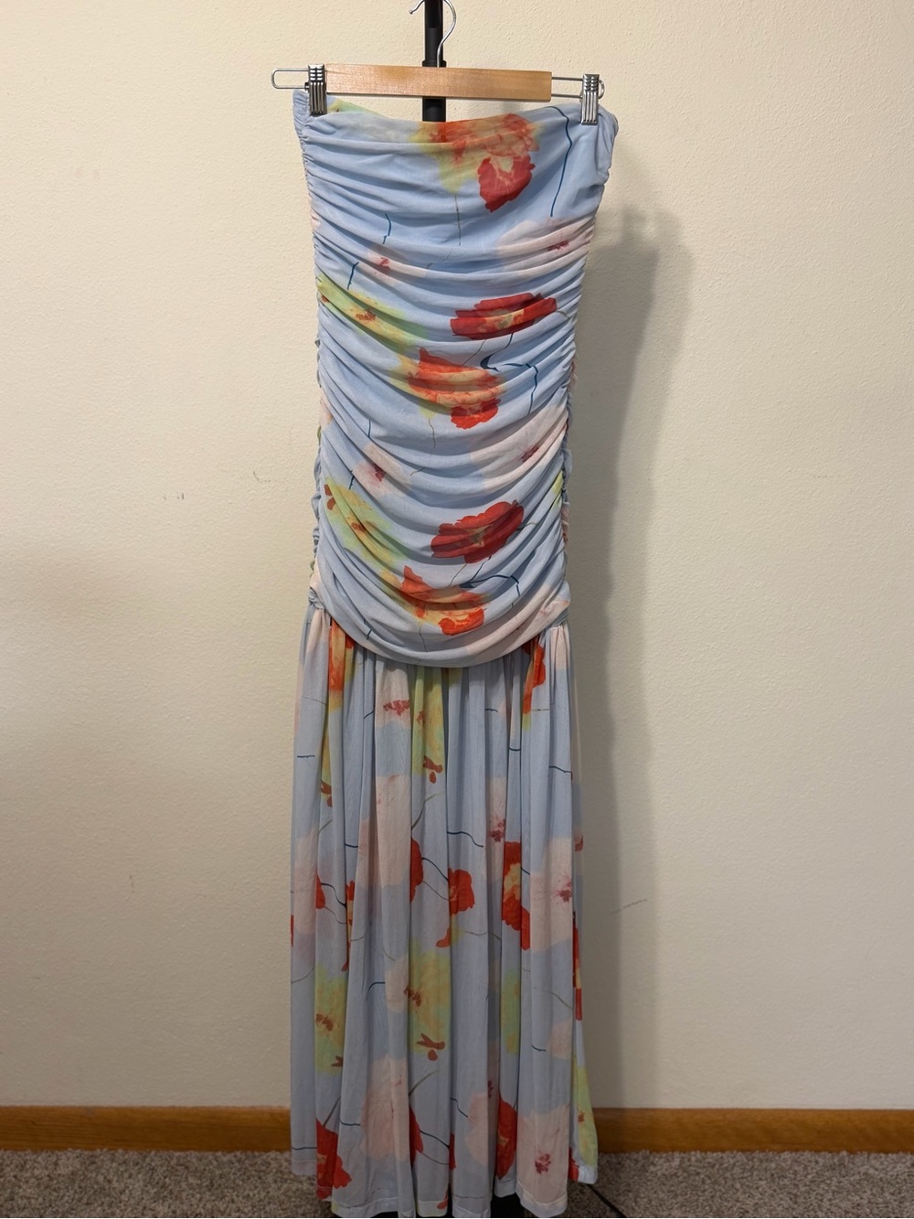 Anthropology Strapless Light Blue Floral Dress